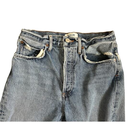 Agolde 90s High Rise Straight Jean Medium Indigo Knee Destruction Size 25 - Picture 4 of 13
